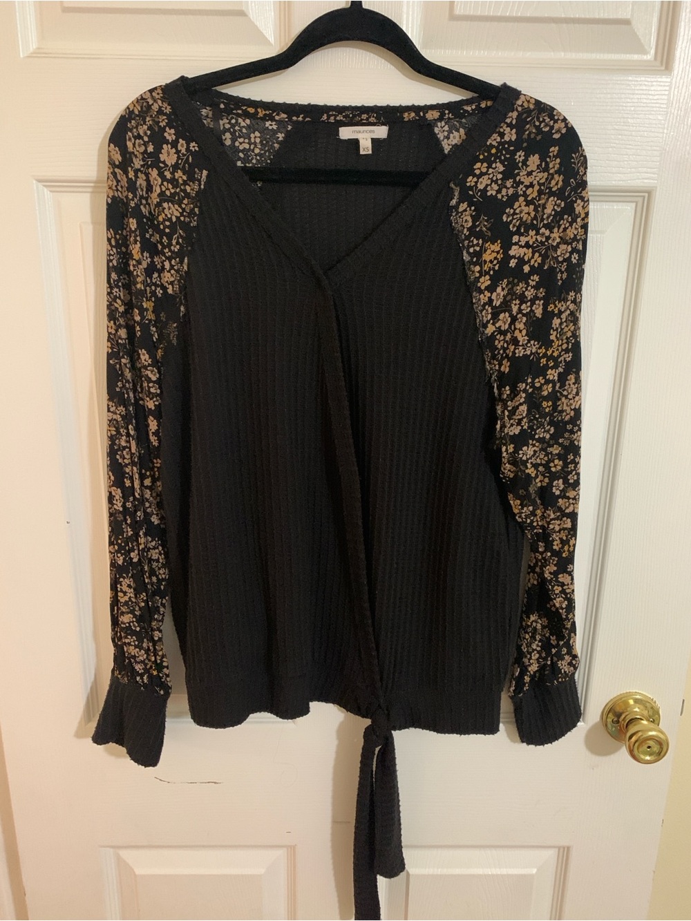 Maurices Black Knit Top with Neutral Floral Trim